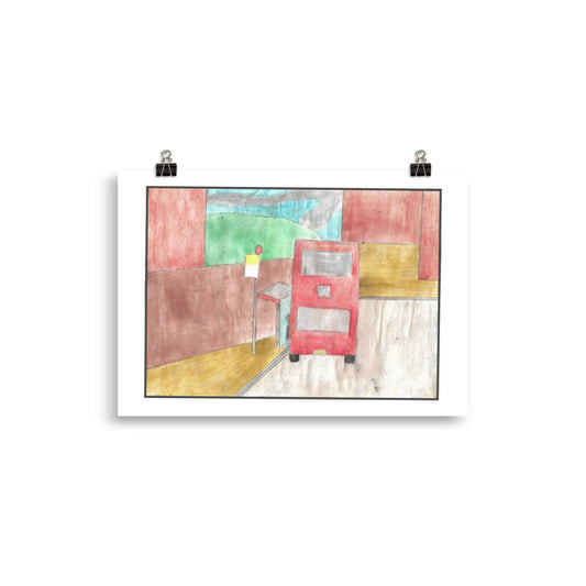 "Museum-quality matte poster featuring 'My Stop' watercolour illustration of a young woman getting on a red double-decker bus at a bus stop from the Art of Isolation Exhibition by London artist VKM Illustrations."