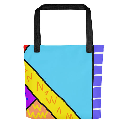 Colourful retro 1980s Memphis design aesthetic tote bag featuring New Wave 1 geometric artwork by London illustrator VKM Illustrations.