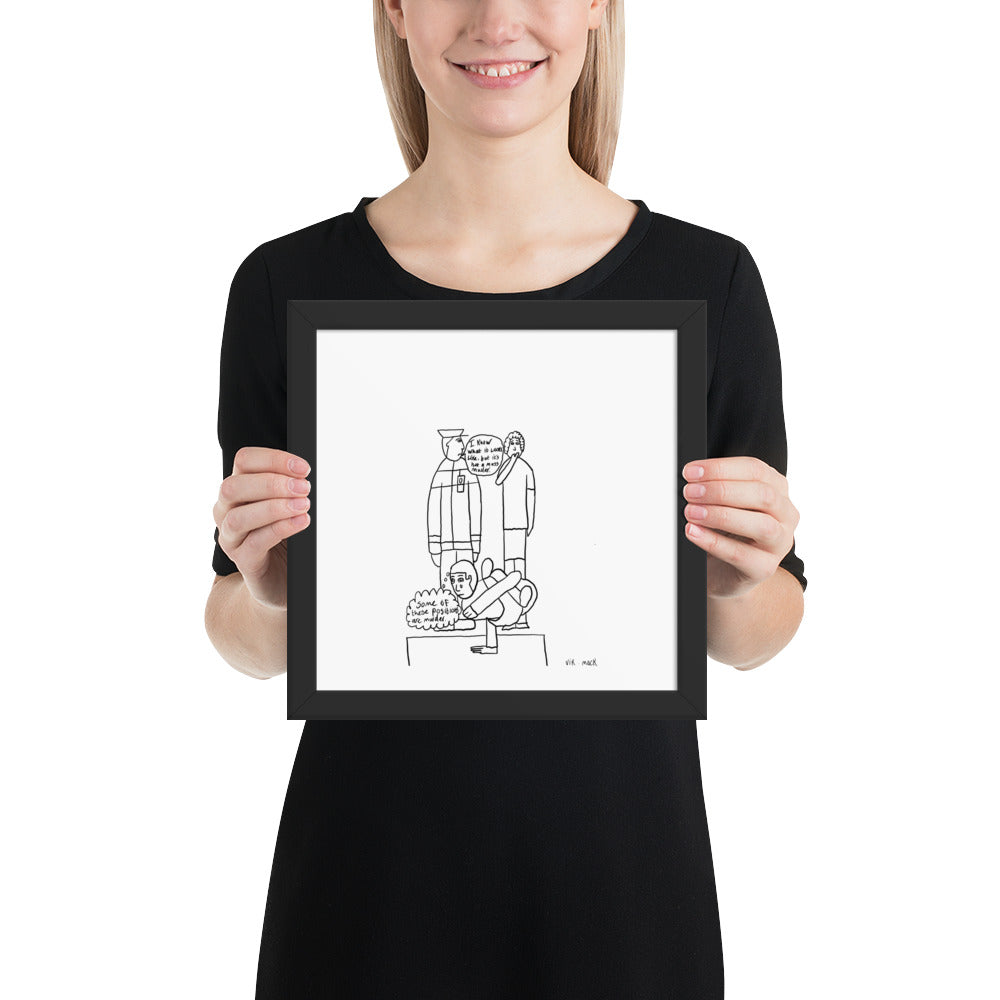10x10 inch square matte black framed pop art print titled 'Not Mass Murder' featuring a funny newspaper yoga class disaster cartoon by London artist VKM Illustrations.