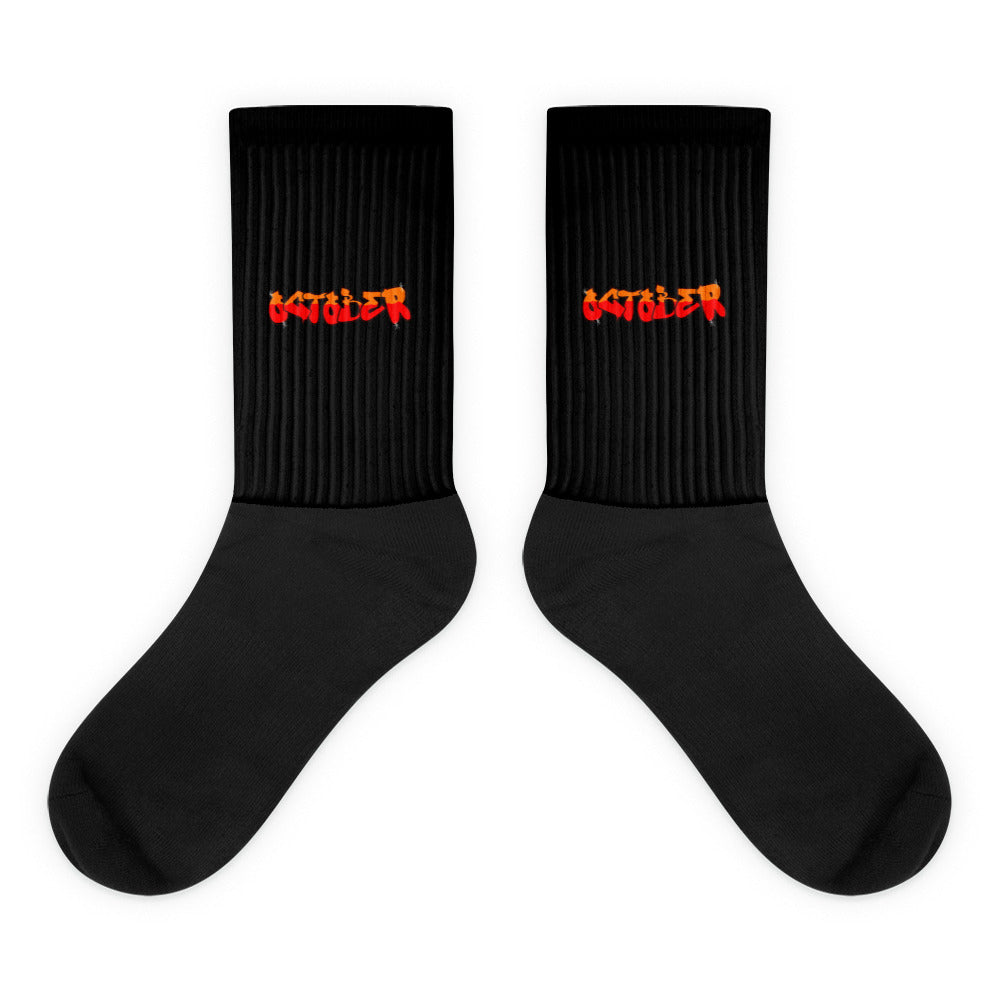 VKM Illustrations october graffiti art print on a black crew sock with a cushioned sole.