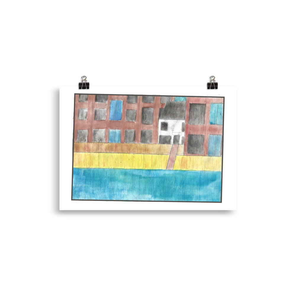 "Museum-quality matte poster featuring 'Opposite Side' watercolour illustration of the Thames Riverside at Wapping with the prospect of whitby from the Art of Isolation Exhibition by London artist VKM Illustrations."
