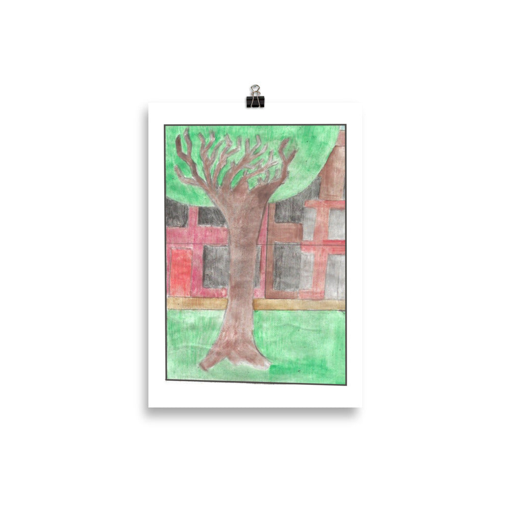 "Museum-quality matte poster featuring 'Park in the City' watercolour illustration of a tree with intricate branches against a backdrop of residential building from the Art of Isolation Exhibition by London artist VKM Illustrations."
