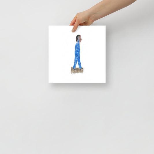 Museum-quality matte poster featuring 'Phone Work' felt-tip pen illustration of a man talking on his mobile phone from the Life Exhibition by London artist VKM Illustrations.