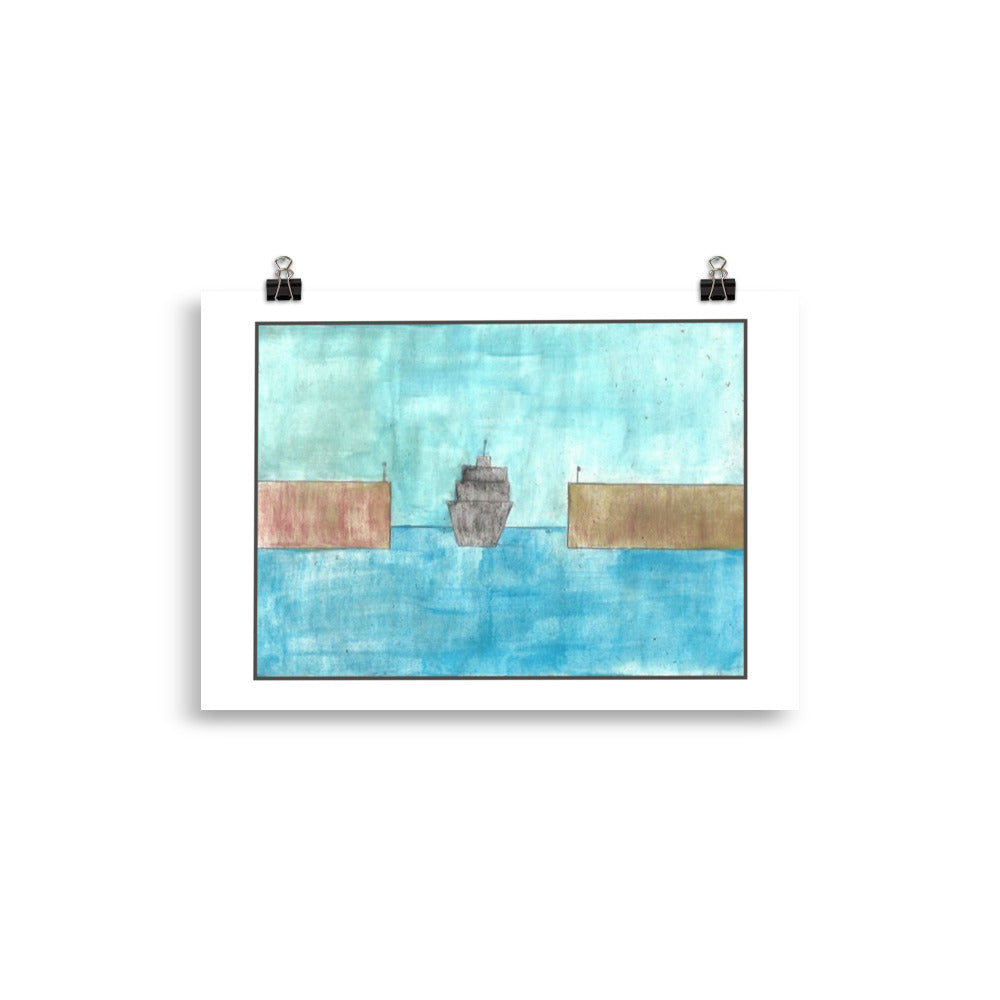 "Museum-quality matte poster featuring 'Port' watercolour illustration of a ship sailing into port on a blue sea from the Art of Isolation Exhibition by London artist VKM Illustrations."