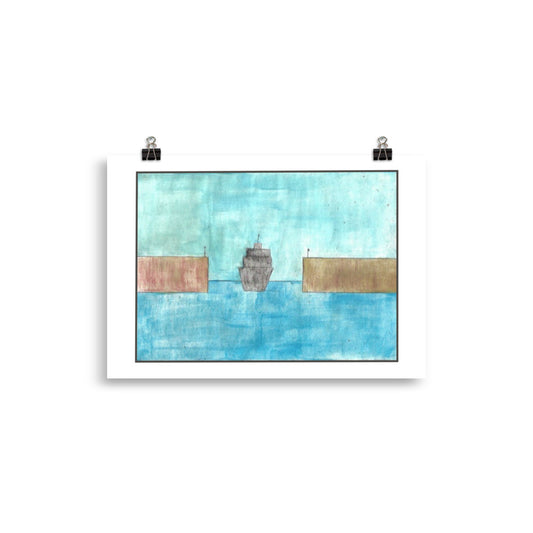 "Museum-quality matte poster featuring 'Port' watercolour illustration of a ship sailing into port on a blue sea from the Art of Isolation Exhibition by London artist VKM Illustrations."
