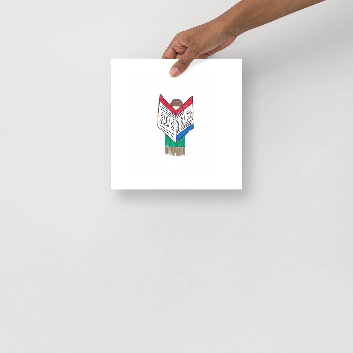 Museum-quality matte poster featuring 'Same Old' felt-tip pen illustration of a man reading a newspaper from the Life Exhibition by London artist VKM Illustrations.