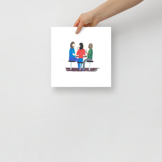 Museum-quality matte poster featuring 'Serve Your Turn' felt-tip pen illustration of friends playing cards outside a cafe from the Life Exhibition by London artist VKM Illustrations.