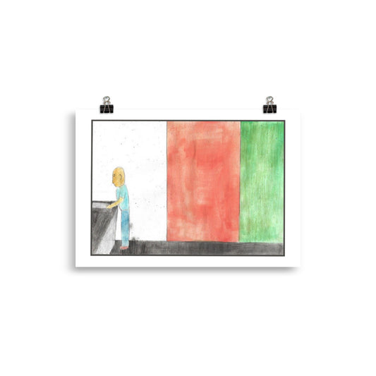 "Museum-quality matte poster featuring 'Sink Duties' watercolour illustration of a young man in blue stands at a dark counter against a white wall washing up from the Art of Isolation Exhibition by London artist VKM Illustrations."