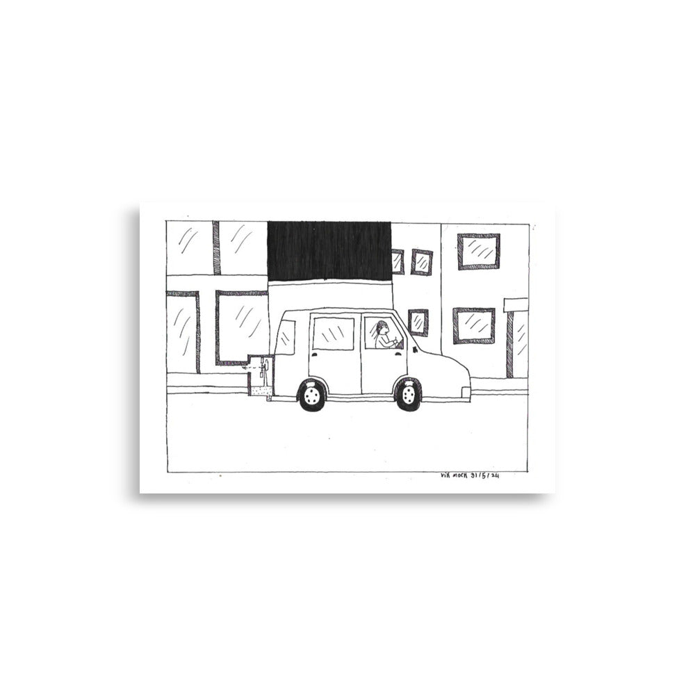 A4 whimsical line art print titled The Adjustment featuring a mechanical car sustainability illustration by London artist VKM Illustrations.
