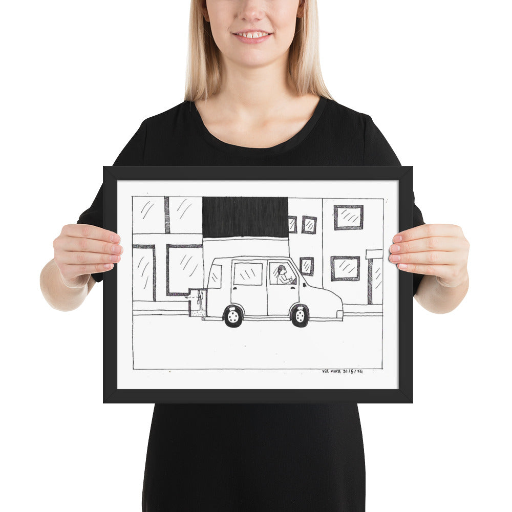 12x16 inch matte black framed mechanical art print titled The Adjustment featuring a whimsical car sustainability illustration by London artist VKM Illustrations.