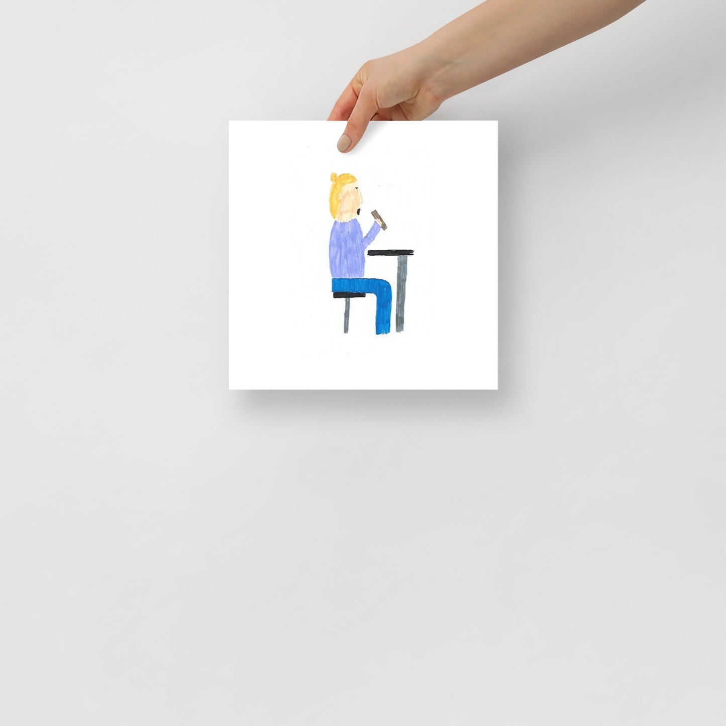 Museum-quality matte poster featuring 'The Best Lunch' felt-tip pen illustration of a person dining at a cafe from the Life Exhibition by London artist VKM Illustrations.
