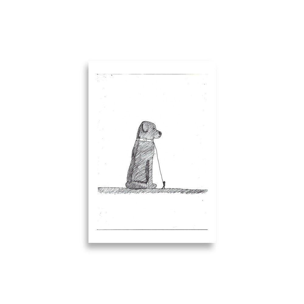 A4 pen and ink fine art print titled The Black Dog showing a man walking a large dog, representing mental health awareness by London artist VKM Illustrations.