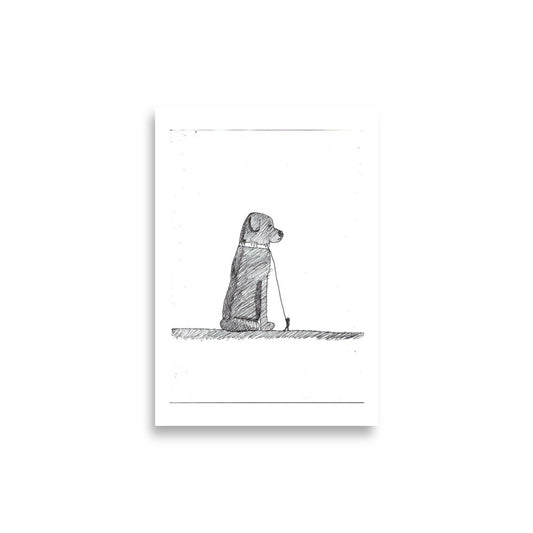 A4 pen and ink fine art print titled The Black Dog showing a man walking a large dog, representing mental health awareness by London artist VKM Illustrations.