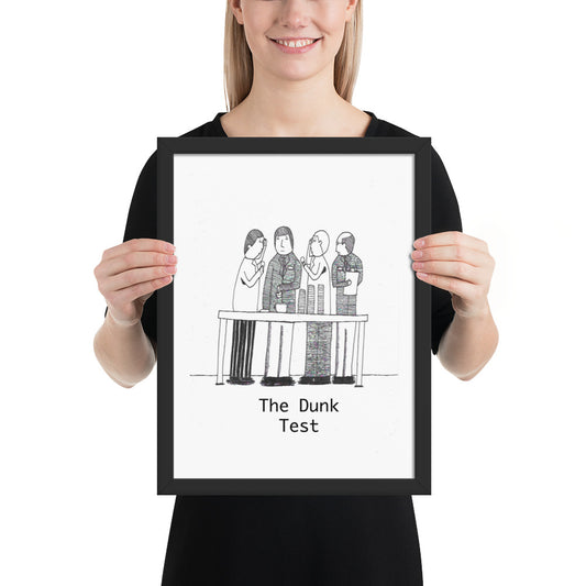 12x16 inch matte black framed  heritage art print titled The Dunk Test featuring a retro Peek Freans biscuit factory illustration in Bermondsey by London artist VKM Illustrations.