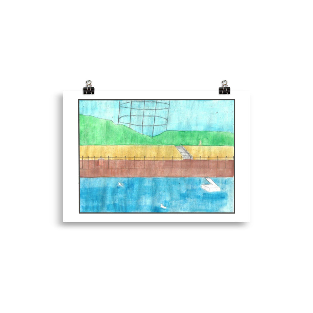 "Museum-quality matte poster featuring 'The Skeleton' watercolour illustration of an industrial landscape featuring a gas holder near blue lake  from the Art of Isolation Exhibition by London artist VKM Illustrations."