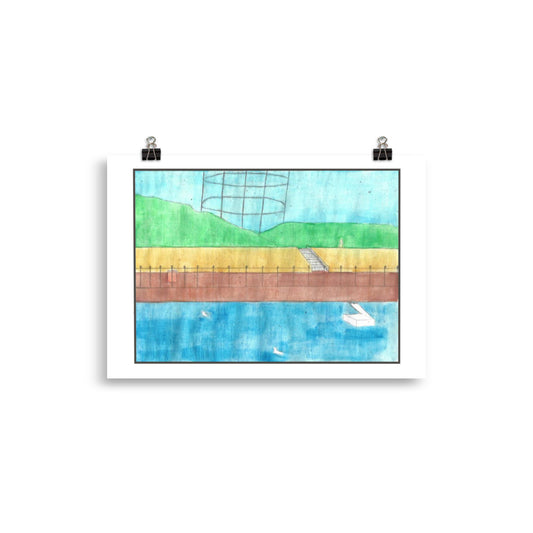 "Museum-quality matte poster featuring 'The Skeleton' watercolour illustration of an industrial landscape featuring a gas holder near blue lake  from the Art of Isolation Exhibition by London artist VKM Illustrations."