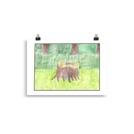 "Museum-quality matte poster featuring 'The Stump of a Tree' watercolour illustration of a tree stump in a grassy field with a wood background from the Art of Isolation Exhibition by London artist VKM Illustrations."