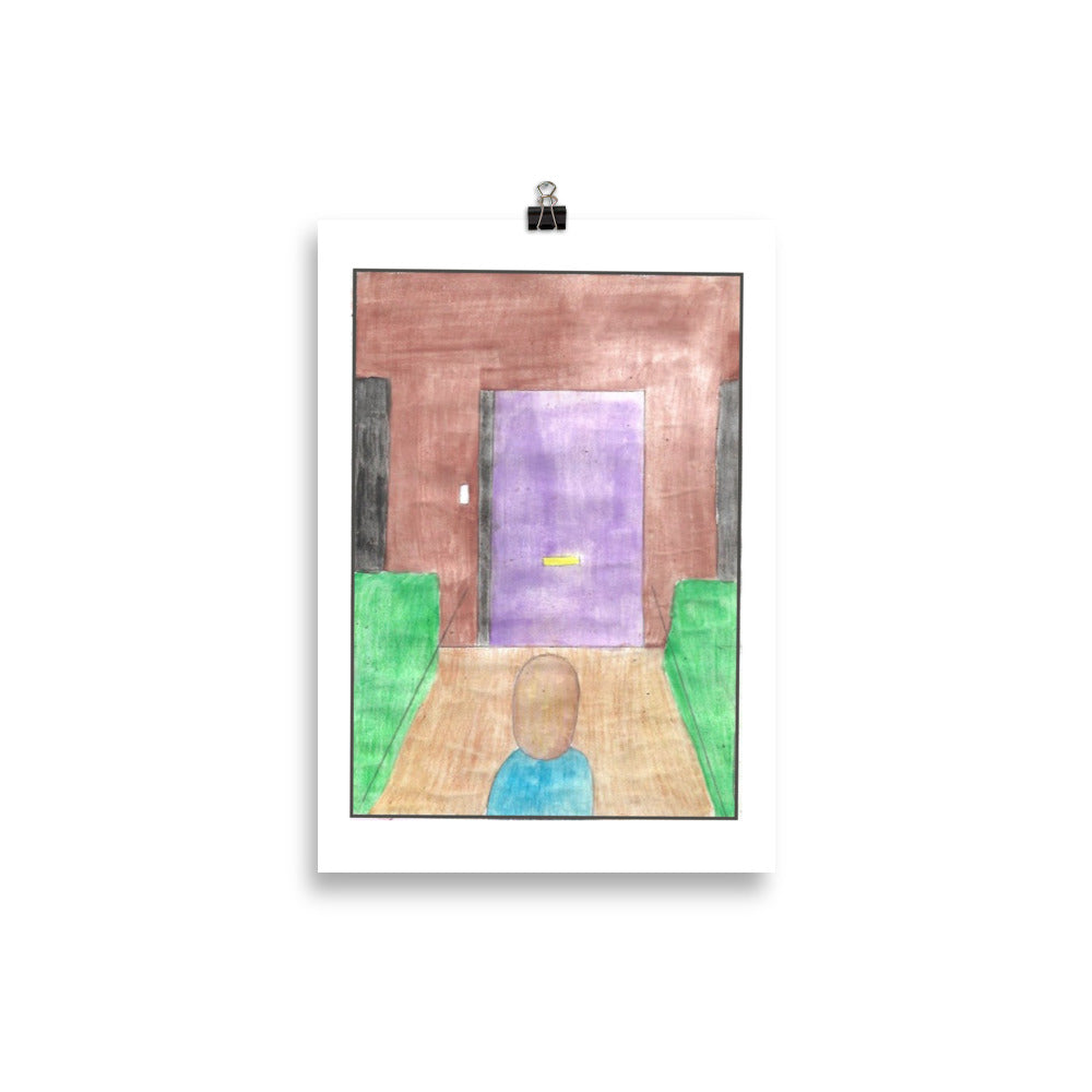 "Museum-quality matte poster featuring 'The Visitor' watercolour illustration of a repair man facing a purple door on a brown building from the Art of Isolation Exhibition by London artist VKM Illustrations."