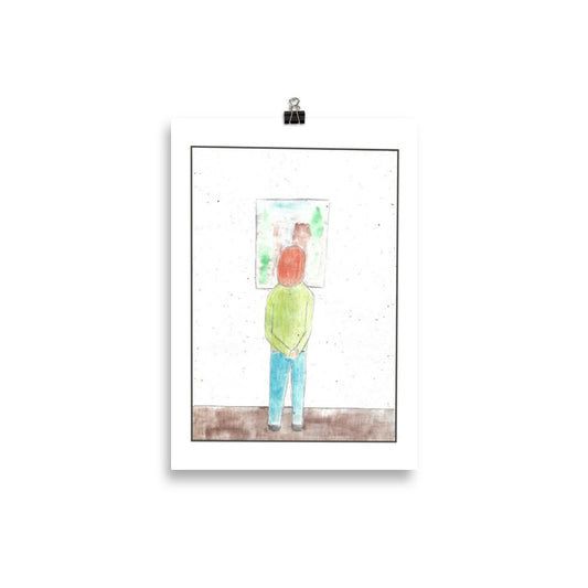 "Museum-quality matte poster featuring 'This is Interesting' watercolour illustration of a young woman looking at an artwork in an art gallery from the Art of Isolation Exhibition by London artist VKM Illustrations."