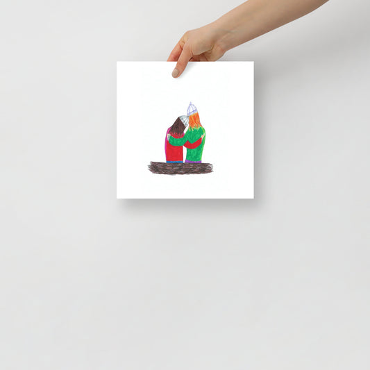 Museum-quality matte poster featuring 'United' felt-tip pen illustration of two women embracing from the Life Exhibition by London artist VKM Illustrations.