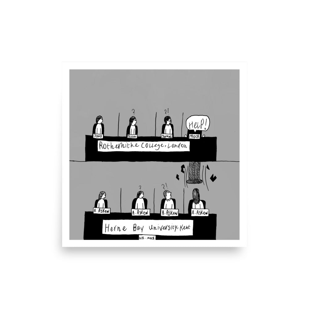 A4 graduation gift art print titled University Challenged featuring a courtroom sketch style cartoon inspired by the UK student TV game show by London artist VKM Illustrations.