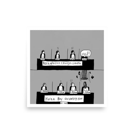 A4 graduation gift art print titled University Challenged featuring a courtroom sketch style cartoon inspired by the UK student TV game show by London artist VKM Illustrations.