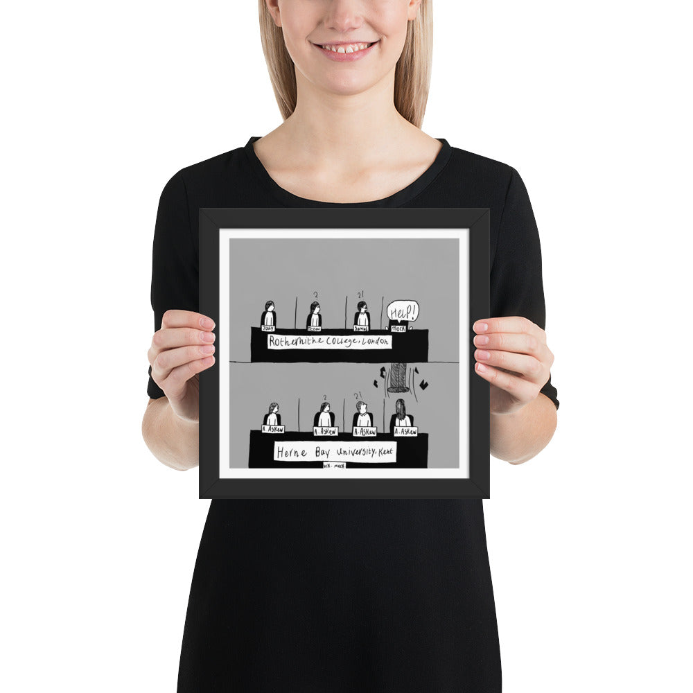 10x10 inch square matte black framed art print titled University Challenged featuring a courtroom sketch style university quiz cartoon by London artist VKM Illustrations.