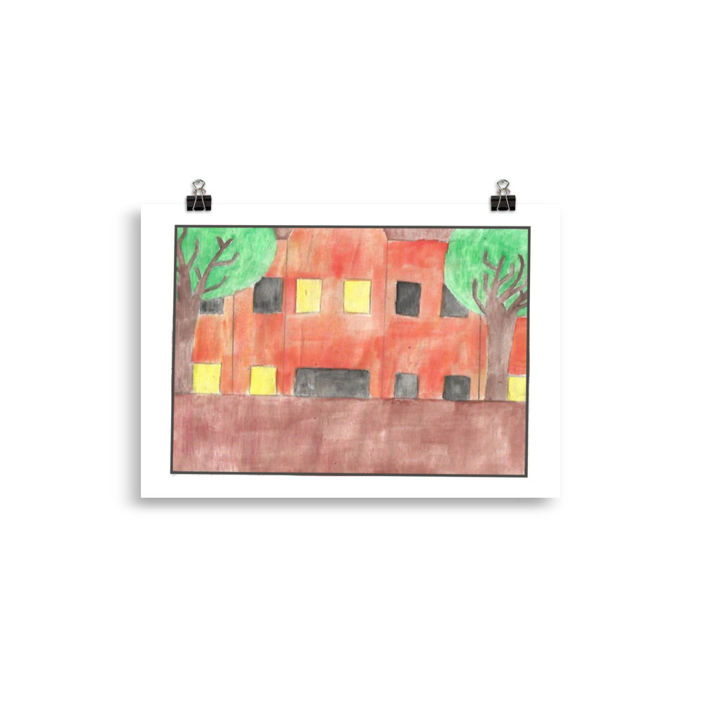 "Museum-quality matte poster featuring 'View From My Window' watercolour illustration of a residential block from a bedroom window with yellow and dark windows from the Art of Isolation Exhibition by London artist VKM Illustrations."