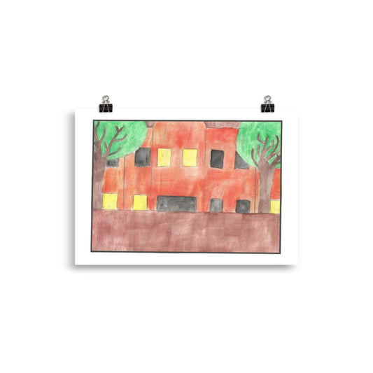 "Museum-quality matte poster featuring 'View From My Window' watercolour illustration of a residential block from a bedroom window with yellow and dark windows from the Art of Isolation Exhibition by London artist VKM Illustrations."