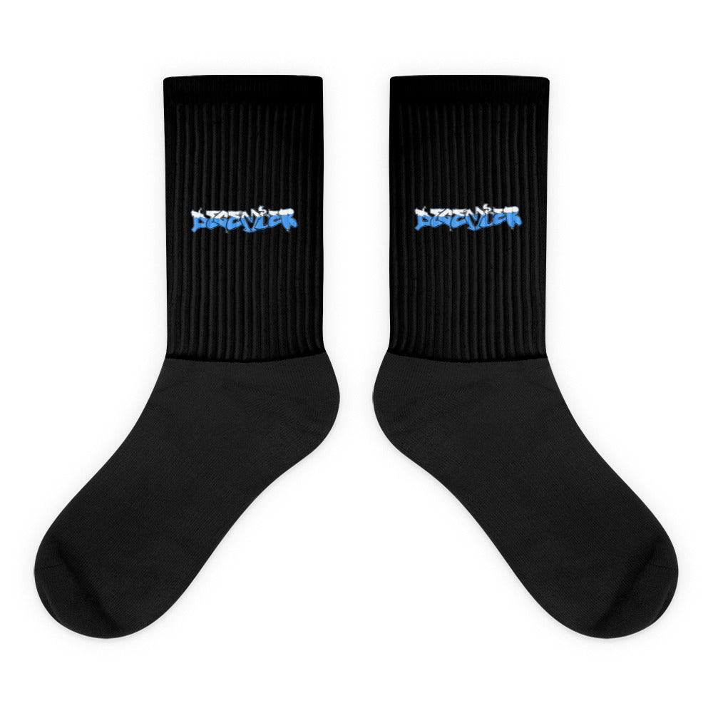 VKM Illustrations december graffiti art print on a black crew sock with a cushioned sole.